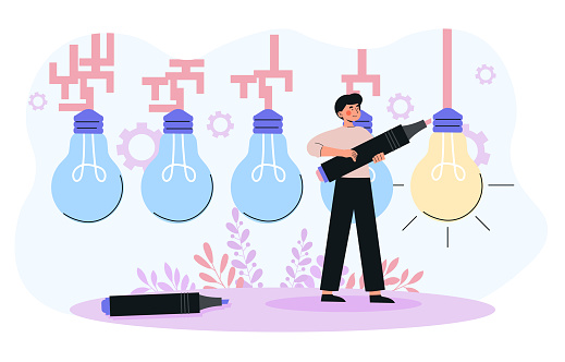 Simplify complex concept. Easy solution to messy problems with right management and process. Man holds marker in his hands and draws straight wire to light bulb. Cartoon flat vector illustration