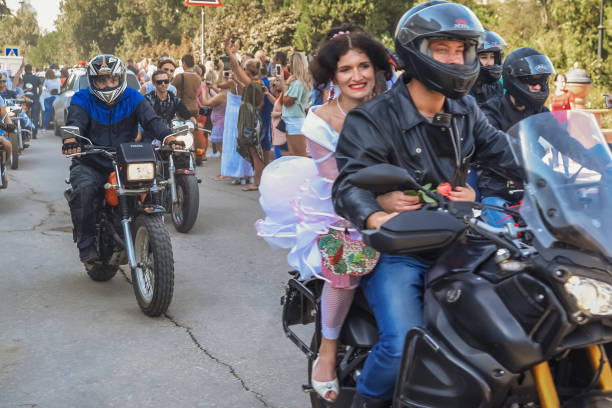 Kerch Russia - September 9 2019 - festival of brides, a holiday of all brides and wedding dresses. All the brides of the region went out on motorcycles and in wedding decorated cars
