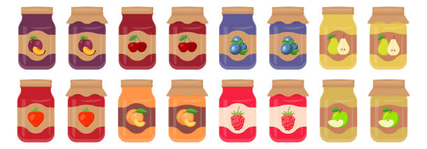 Glass jar with jam. Jars with labels fruit jam. Vector illustration. Glass jar with jam. Jars with labels fruit jam. Vector illustration. Eps 10. mango jam stock illustrations
