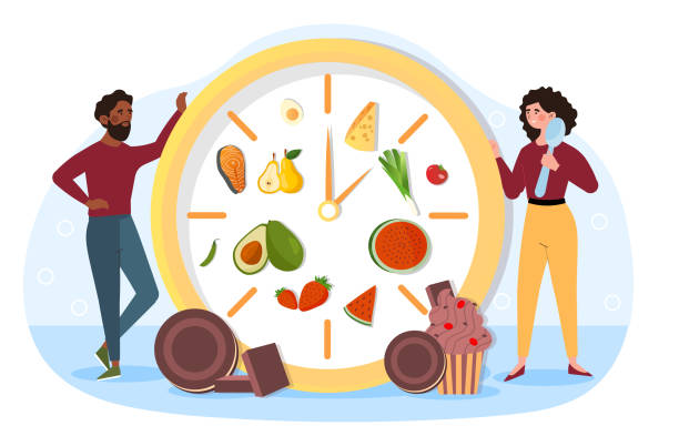 ilustrações, clipart, desenhos animados e ícones de conceito de tempo de comer - lunch clock healthy eating plate