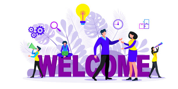 ilustrações de stock, clip art, desenhos animados e ícones de concept new team member, welcome word, people celebrate, for web page, banner, presentation, social media, documents, cards, posters. meeting, greeting concept vector - welcome sign