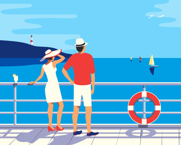 ilustraciones, imágenes clip art, dibujos animados e iconos de stock de la pareja disfruta del cartel vectorial de vacaciones de cruceros por el océano - cruise passenger ship nautical vessel vacations