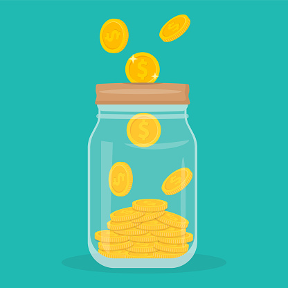 Glass money jar full of gold coins. Saving dollar coin in moneybox. Vector illustration. Web banner. Eps 10.