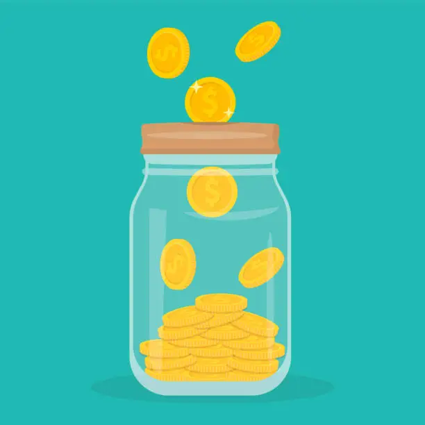 Vector illustration of Glass money jar full of gold coins. Saving dollar coin in moneybox. Vector illustration. Web banner