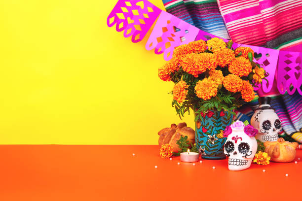 Day of the dead, Dia De Los Muertos Celebration Background Day of the dead, Dia De Los Muertos Celebration Background With sugar Skull, calaverita, marigolds or cempasuchil flowers, bread of death or Pan de Muerto with Copy Space. Traditional Mexican culture altar photos stock pictures, royalty-free photos & images