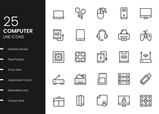 컴퓨터 부품 라인 아이콘 - usb flash drive data symbol computer icon stock illustrations