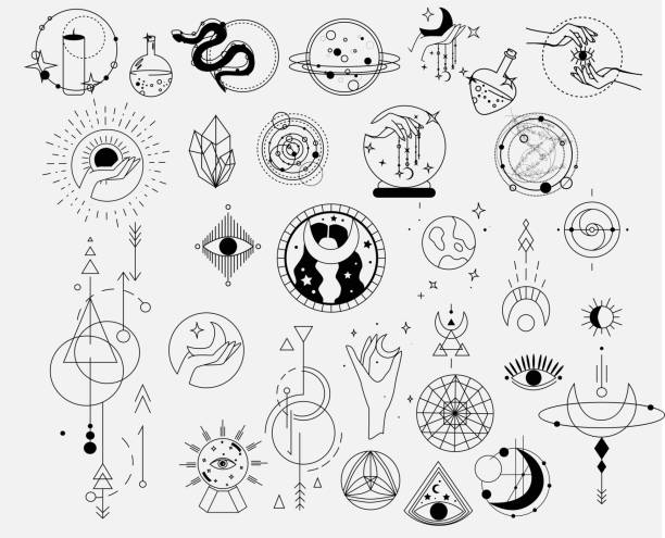 Collection of Mystical and Astrology objects. Mystical signs, silhouettes, zodiac signs. Astrological and magical elements are isolated on a white background. Collection of Mystical and Astrology objects. Mystical signs, silhouettes, zodiac signs. moon patterns stock illustrations