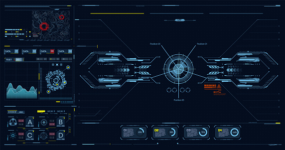 Advance HUD control center. Graphic Dashboard Head-up display and Futuristic User Interface GUI, UI. FUI. Virtual reality game screen interface template, mockup.