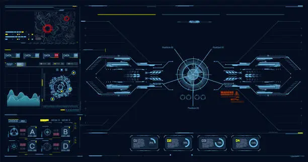 Vector illustration of Advance HUD control center. Graphic Dashboard Head-up display and Futuristic User Interface GUI, UI. FUI. Virtual reality game screen interfac