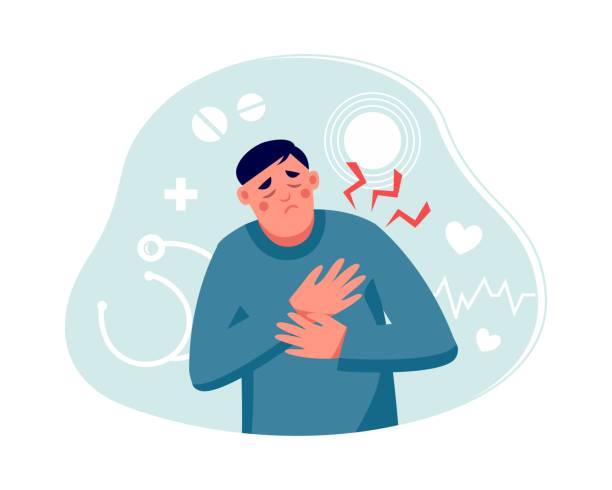 Man with heart attack, pain  touching chest. Heart treatment, health care and disease diagnostic concept. Man with heart attack, pain  touching chest. Heart treatment, health care and disease diagnostic concept. Vector flat illustration. Design for banner, landing page, web background, flyer one man only stock illustrations