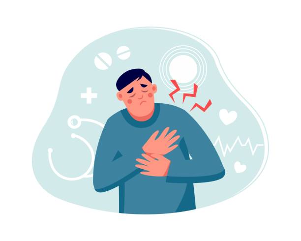 Man with heart attack, pain  touching chest. Heart treatment, health care and disease diagnostic concept. Man with heart attack, pain  touching chest. Heart treatment, health care and disease diagnostic concept. Vector flat illustration. Design for banner, landing page, web background, flyer chest pain stock illustrations