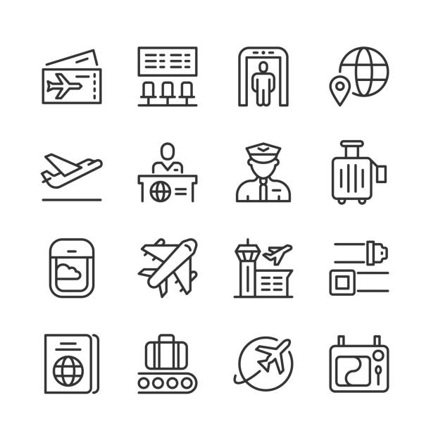 Air Travel Icons — Monoline Series Vector outline icon set appropriate for web and print applications. Designed in 48 x 48 pixel square with 2px editable stroke. Pixel perfect. airport symbols stock illustrations