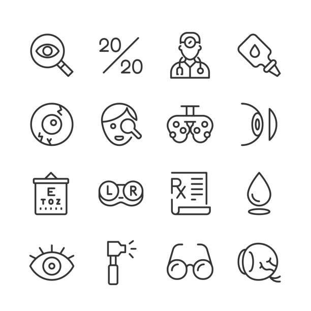 Optical Health Icons — Monoline Series Vector outline icon set appropriate for web and print applications. Designed in 48 x 48 pixel square with 2px editable stroke. Pixel perfect. optometry stock illustrations