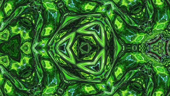 3d render. Liquid green symmetrical pattern like kaleidoscope with waves. 3D stylish abstract bg, wavy structure of brilliant liquid glass with beautiful gradient colors