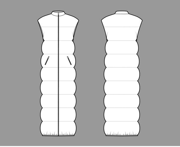 istock Down vest puffer waistcoat technical fashion illustration with stand collar, zip-up closure, pockets, maxi length 1330604398