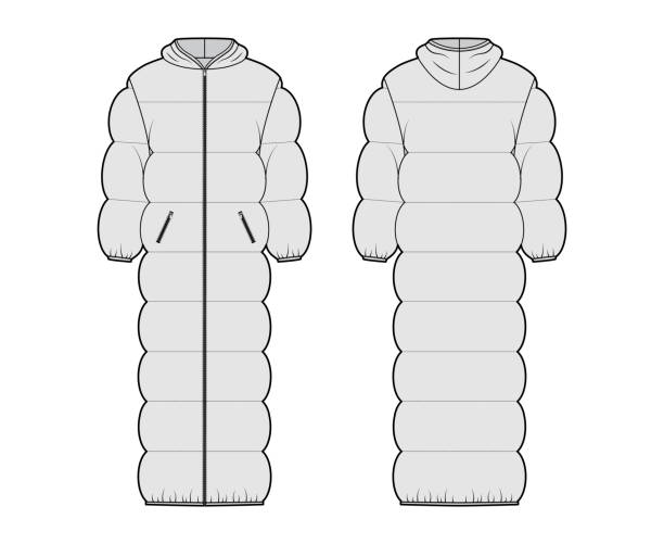 istock Hooded puffer quilted shell down coat jacket technical fashion illustration with long sleeves, zip-up closure, oversized 1330605113