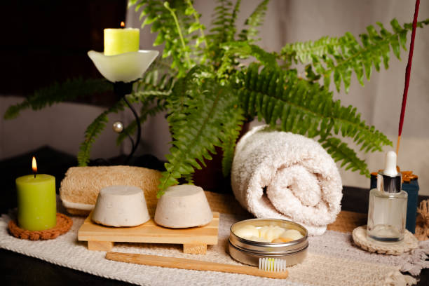istock Set spa soap, creams, sponge and biodegradable organic natural toothbrush 1330607466