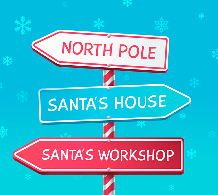 Arrow signs for Santa's workshop, Santa's house and the north pole modern directional sign with snow winter holiday background.