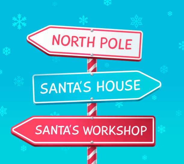 Christmas North Pole Santa's Workshop Arrow Direction Sign Arrow signs for Santa's workshop, Santa's house and the north pole modern directional sign with snow winter holiday background. north pole stock illustrations