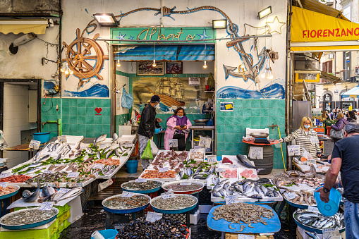 Naples, Italy, May 2021 – Fish stall at Pignasecca market in Naples historic center