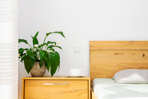 A decorated with blooming peace lily in a ceramic flowerpot and a tea or coffee cup on a saucer wooden bedside table by wooden bed. Houseplants for healthy indoor climate and interior design.