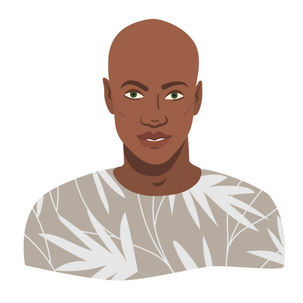 Fashion vector portrait of bald black man. Portrait of bald black man with shaved head. Vector illustration avatar of stylish trendy bald headed african american man. Person isolated on white background. skinhead haircut stock illustrations