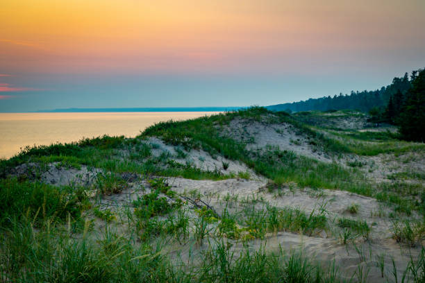 Awe Sunset landscape tall grass, beach, Wooden bridge, Charlevoix, Quebec, Canada