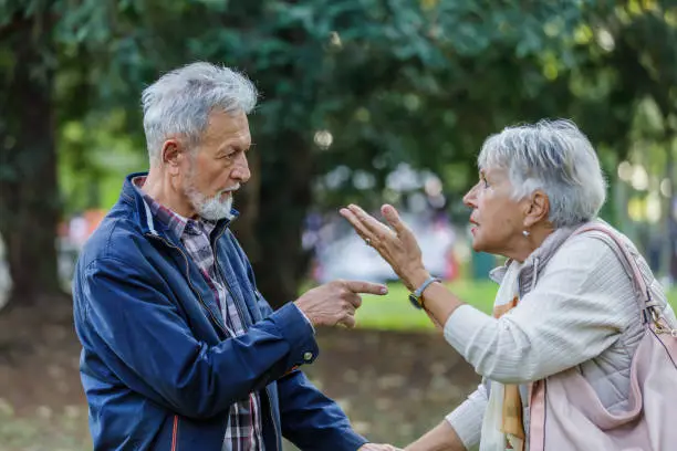 An Older Couple in Relationship Problems has a Harsh Debate Outdoors. Retirees are Arguing in Nature.