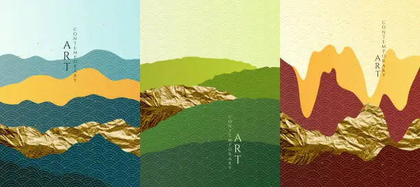 Vector illustration of Vector graphic illustration. Abstract landscape. Mountains, hills. Japanese wavy pattern. Backgrounds collection. Asian style. Design for poster, book cover, web template, brochure. Gold foil texture