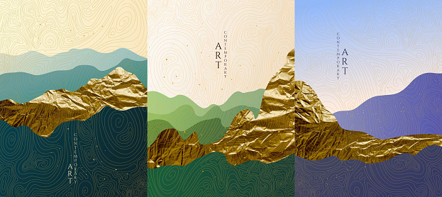 Vector graphic illustration. Abstract landscape. Mountains, hills. Japanese wavy pattern. Backgrounds collection. Asian style. Design for poster, book cover, web template, brochure. Gold foil texture