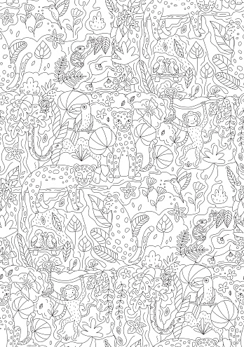 Coloring page for children and adults. Black and white outline illustration. Hand drawn rainforest.