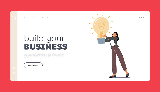 Build your Business Landing Page Template. Tiny Female Character with Huge Glowing Light Bulb in Hands. Businesswoman Has Creative Idea, Business Insight and Motivation. Cartoon Vector Illustration