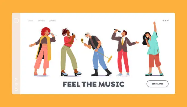 Vector illustration of Feel the Music Landing Page Template. People Singing in Karaoke Club. Male or Female Characters Sing with Microphones