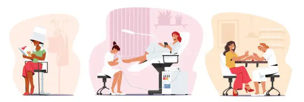 Vector illustration of Set Women Visiting Beauty Salon. Female Apply Manicure, Pedicure and Hairstyling Procedures. Girl in Beautician Place