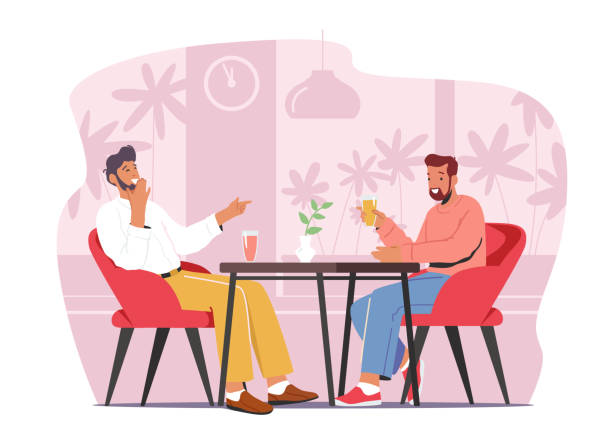 Friends Meeting in Cafe. Characters Sitting in Modern Restaurant Chatting, Drink Beverages, Laughing during Coffee Break Friends Meeting in Cafe. Male Characters Sitting in Modern Restaurant Chatting, Drink Beverages, Laughing during Coffee Break or Weekend. Lunch Recreation, Sparetime. Cartoon Flat Vector Illustration friends laughing stock illustrations