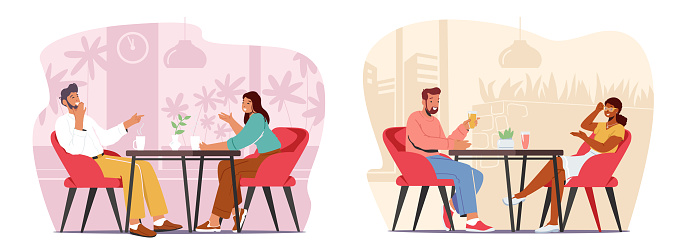Young Couples Visiting Cafe, Meeting, Hospitality Concept. Male and Female Characters Sitting at Tables Drinking Beverages, Talking in Modern Restaurant Interior. Cartoon People Vector Illustration