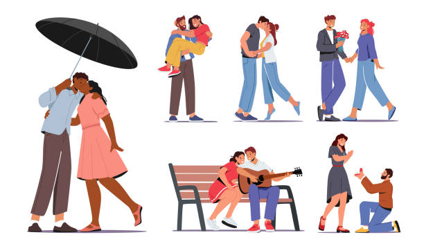 illustrazioni stock, clip art, cartoni animati e icone di tendenza di imposta coppie innamorate. amorevole uomo e donna che si baciano sotto l'ombrello, ragazza che si mazzo di fiori, proposta, serenata - couple kiss