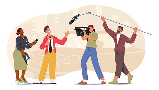 Interview, Mass Media Announcement, Live News Tv Broadcasting with Cameraman and Reporter. Female Journalist Interviewing Man in Suit, Politician or Businessman. Cartoon People Vector Illustration