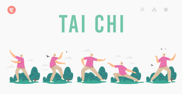 Tai Chi Landing Page Template. Elderly Woman Exercising for Healthy Flexibility and Wellness. Senior Character Workout Tai Chi Landing Page Template. Elderly Woman Exercising for Healthy Body, Flexibility and Wellness. Senior Character Morning Workout at City Park, Classes for Aged People. Cartoon Vector Illustration qi gong stock illustrations