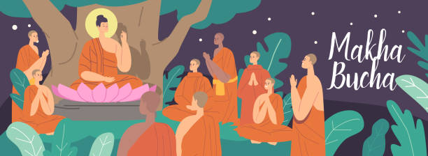 ilustrações de stock, clip art, desenhos animados e ícones de makha bucha greeting card. buddha sitting in lotus flower under bodhi tree at night surrounded with buddhists monks - buddhist puja