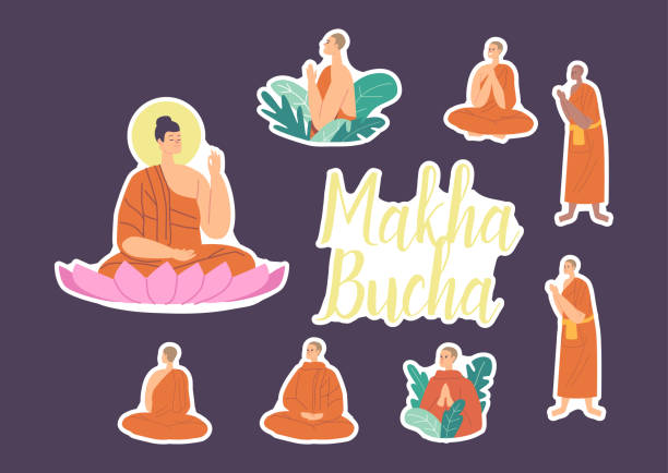 Set of Stickers Makha Bucha Holiday. Buddha Sitting in Lotus Flower, Buddhists Monks wearing Orange Robes Praying Set of Stickers Makha Bucha Holiday. Buddha Sitting in Lotus Flower, Buddhists Monks wearing Orange Robes Praying, Buddha Character Meditate, Teaching Monks. Cartoon People Vector Illustration puja set stock illustrations