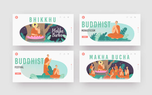 Makha Bucha Landing Page Template Set. Buddha Sit in Lotus under Bodhi Tree at Night surrounded with Buddhists Monks Makha Bucha Landing Page Template Set. Buddha Sit in Lotus Flower under Bodhi Tree at Night surrounded with Buddhists Monks wearing Robes. Buddha Character Teaching. Cartoon People Vector Illustration religious occupation stock illustrations
