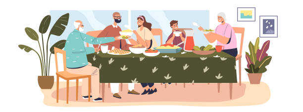 Happy big family eating dinner together, parents, kid and grandparents gathering at home Happy big family having dinner together, parents, kid and grandparents gathering at senior grandma and grandpa house for festive meal. Cartoon flat vector illustration reunion party stock illustrations