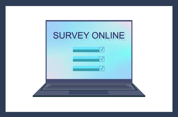 istock Online survey on a laptop or computer screen. The name of the survey, test, or quiz on the desktop. The title page of the online exam form for education, training. Choice of user responses.Vector 1330617639