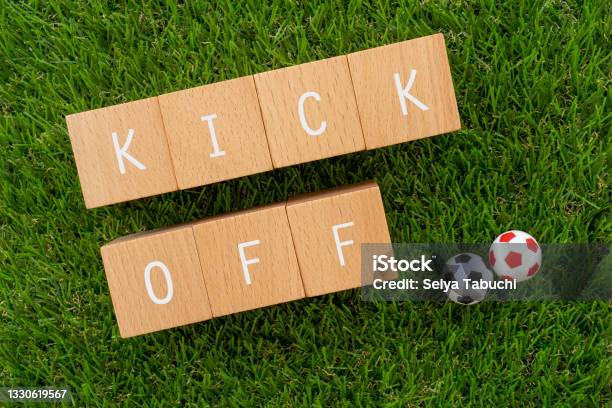 Kick Off Wooden Blocks With Kick Off Text Of Concept And Soccer Ball Toys Stock Photo - Download Image Now