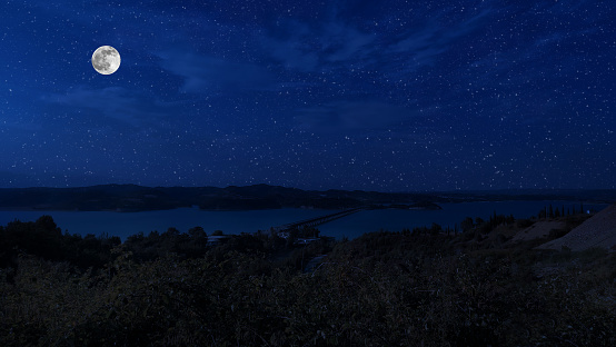 milky way over a lake at summer night with clear skies under moonlight. Turkey nature at night.