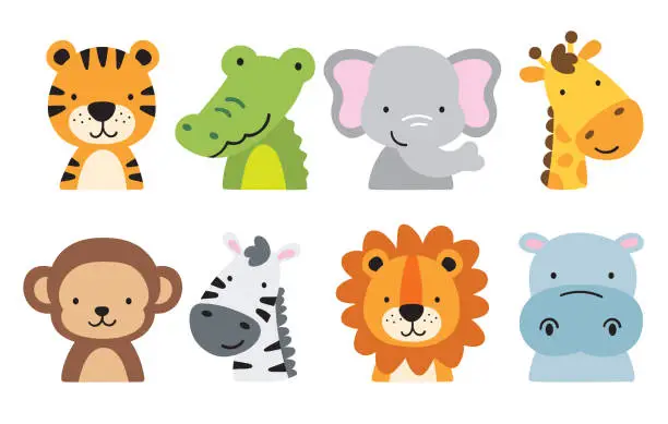 Vector illustration of Cute Wild Safari Jungle Animal Faces and Heads Vector Illustration.