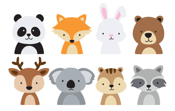 Cute Forest Woodland Animals Heads and Faces Vector Illustration. Cute forest woodland animals including a panda, fox, bear, deer, koala, rabbit, bunny, squirrel, and raccoon. Vector illustration of forest animal heads and faces. bear face stock illustrations