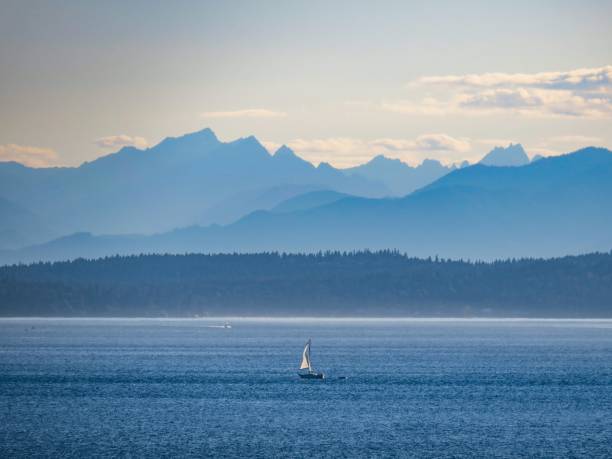 Sailing in a Blue World A gorgeous sunset at Puget Sound, an inlet in the Salish Sea with a view of the Olympic Mountains in Washington, USA. puget sound stock pictures, royalty-free photos & images