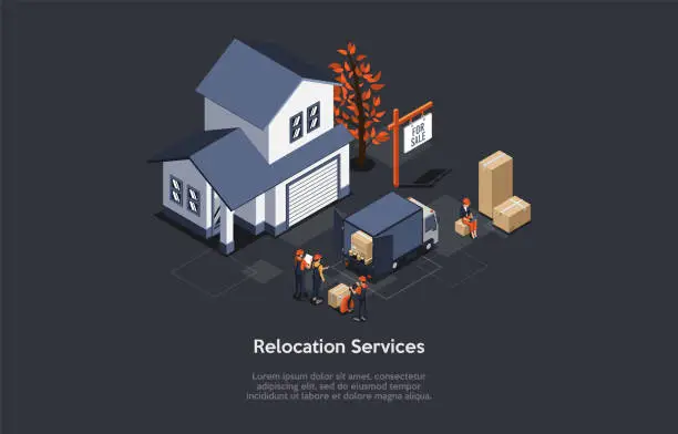 Vector illustration of Vector Illustration, Relocation Services Concept. Isometric 3D Composition, Cartoon Style. Suburban Apartment, Four Characters. Team In Uniform Loading Truck With Cardboard Boxes. Dark Background